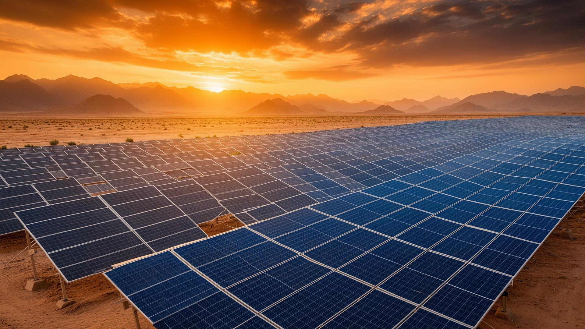 Solar photovoltaic panels stretching across a sunlit landscape